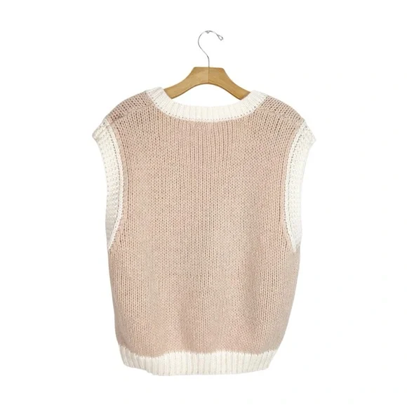 Women's V-Neck Sweater Vest - Cream/Taupe with Llama Design - Picture 2 of 7